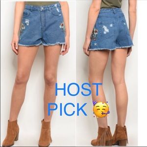 Embroidered High Waist Denim Shorts